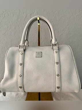 Glistening MCM White Pebbled Leather Boston Bag Satchel